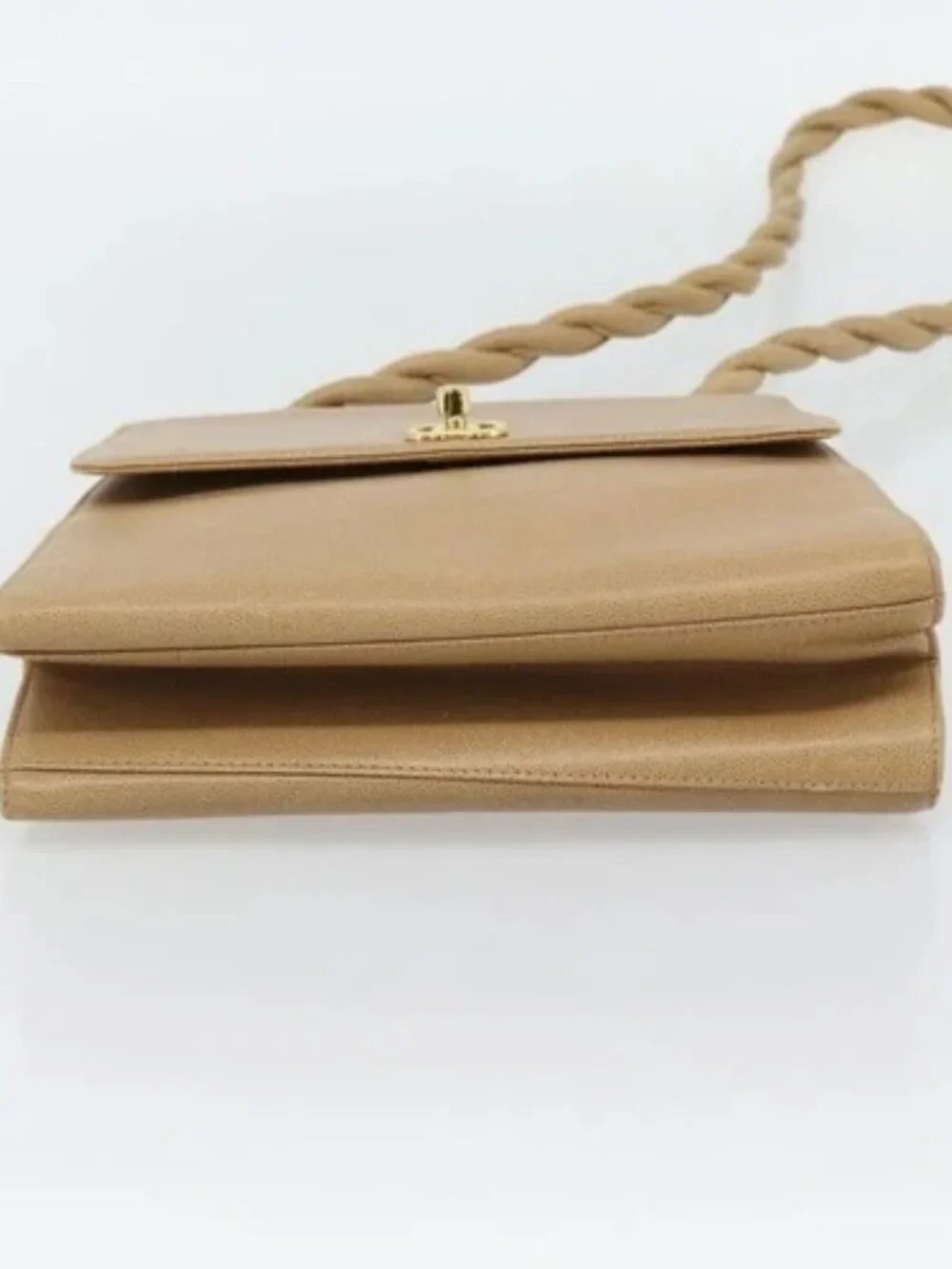 CHANEL Shoulder Bag Grained Calf Skin Beige Gold CC Auth BA2341
